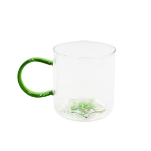 Cană cu model 3D steluță verde, pereți dubli, sticlă borosilicată și inserție de sclipici, 300 ml, Aurora Glow