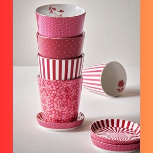 Cană din porțelan, cu capac multifuncțional, Pip Studio, 230 ml, Dark Pink, colecția Royal Stripes