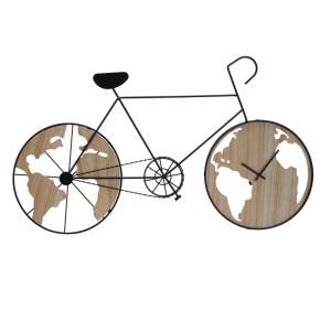 Ceas de Perete Design Bicicletă cu Hărți Globale – 84x49 cm | Lemn și Metal