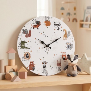 Ceas de perete pentru camera copilului, 33 cm, mdf, model animăluțe sălbatice