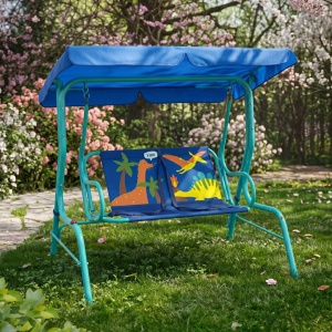 Children's garden swing with canopy, Dinosaur design, 2-seater, metal frame, blue, 115x74x110 cm