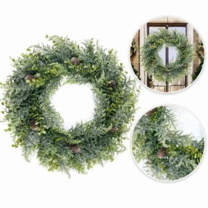 Coroniță decorativă, de Crăciun, cu frunziș verde și conuri, efect de brumă, 38 cm, WSN24