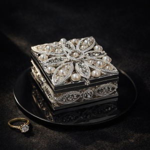 Cutie Bijuterii Pătrată 5x5 cm cu Flori, Perle și Strasuri AZAY – Casetă Bijuterii Elegantă, Cutie Inel, Cutie Cadou Femei cu Ambalaj Premium