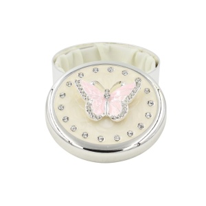 Cutie Bijuterii Rotundă 7 cm cu Fluture Roz și Strasuri AZAY – Casetă Bijuterii Elegantă, Cutie Inel, Cutie Cadou Femei cu Ambalaj Premium
