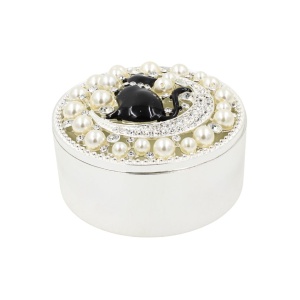 Cutie Bijuterii Rotundă 7 cm cu Pisică și Decorațiuni model perle, AZAY – Casetă Bijuterii Elegantă, Cutie Cadou Femei cu Strasuri, Ambalaj Premium