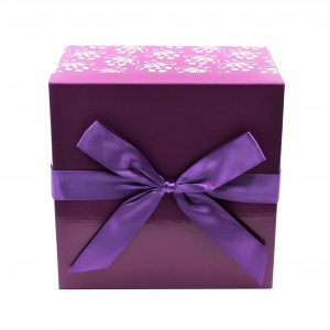 Cutie de cadou cu tissue paper, fundiță decorativă și minifelicitare - Magenta Flower