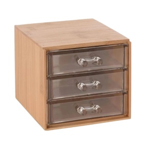 Cutie din bambus pentru bijuterii și cosmetice, organizator cu 3 sertare transparente, 15.2x12.2x10.3 cm