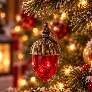 Decorațiune de Crăciun pentru brad, Decoris, ghindă roșie cu aspect de cristal, capac auriu antichizat și frunzuliță