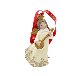 Decorațiune Ginza, Regatul de Crăciun, Royal, model îngeraș cântând la mandolină, alb, 9 cm