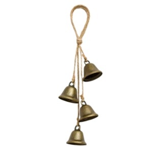 Decorațiune suspendată, de Crăciun, 4 clopoței metalici aurii vintage, șnur rustic pentru agățare, 40 cm, WOZ51