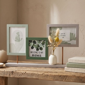 Decorative photo frame with vase, collage for 3 photos, green