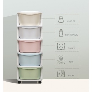 Dulap organizator din plastic, cu 5 sertare, pe roți, Ecarla, 97x38x37 cm, PO10