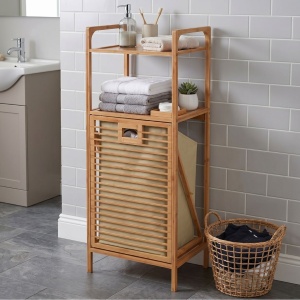 Etajeră Baie cu Coș Rufe – Bambus Natural – 40x30x95 cm – Bathroom Solutions
