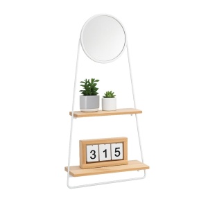 Etajeră decorativă cu oglindă rotundă și suport metalic alb, 60 cm