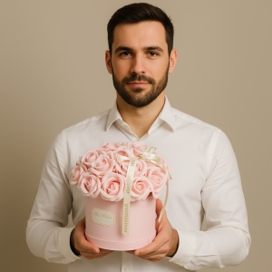 Flower box 21 trandafiri parfumați din săpun, cutie transparentă cu mâner, cadou elegant pentru femei, roz, BUK08R