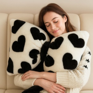 Pernă decorativă pufoasă, model fundă cu inimioare, 40x50 cm, pernă moale pentru canapea și dormitor, crem-negru