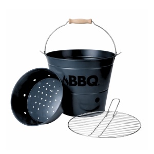 Găleată grătar BBQ portabilă Ø26 cm, metal zincat, culoare bleumarin mat, cu grătar și mâner, pentru camping și picnic