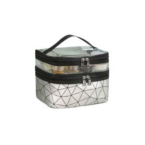 Geantă pentru cosmetice, pliabilă, 2 compartimente, model geometric, argintiu, 9x23x15,5 cm, eCarla, KS35WZ4