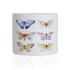 Ghiveci decorativ ceramic, alb cu ilustrații cu fluturi, pentru plante și flori, design modern 13.5x12.5 cm