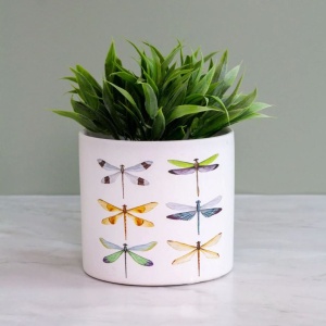 Ghiveci decorativ ceramic, alb cu ilustrații cu libelule, pentru plante și flori, design modern 13.5x12.5 cm