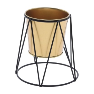 Ghiveci decorativ metalic, cu suport, pentru plante, culoare auriu/negru, 16x16x15,7 cm