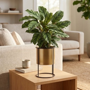 Ghiveci decorativ metalic, cu suport, pentru plante, culoare auriu/negru, 18x18x31 cm