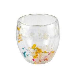 Glass with dried flower insert (hydrangeas and baby's breath), white and yellow, double-walled, borosilicate glass, 250 ml, Aurora Bloom