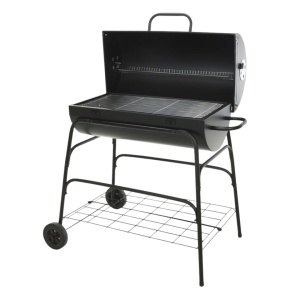 Grătar cilindric pe cărbuni, metalic, pentru grădină, 97 cm, cu roți și cu capac