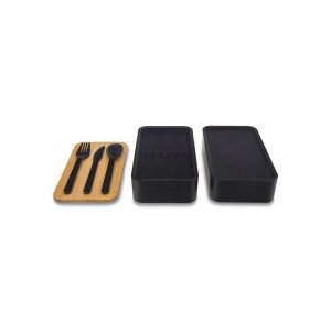 Lunch box dublu, 1.3 l, cu capac din bambus și tacâmuri incluse, 2 nivele, negru, 8.5 x 10.5 x 9.3 cm, eCarla, PJM43