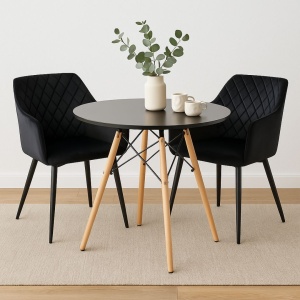 Masă rotundă Jumi, model scandinav, 80x80 cm, din MDF negru, cu picioare din lemn masiv