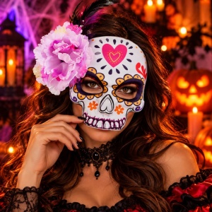 Mască Santa Muerte pentru Halloween, cu floare mov și pene, model craniu mexican multicolor