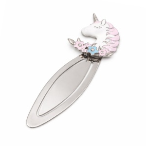 Semn de Carte Metalic Unicorn cu Cristale, 10.5 x 3 cm, Argintiu cu Detalii Roz, Cadou pentru Fete si Femei, AZAY