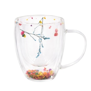 Mug with multicolored dried flower insert (baby's breath), double-walled, borosilicate glass, 350 ml, Aurora Bloom
