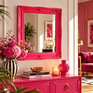 Oglindă decorativă, de perete, Hoff Interieur, ramă ornamentală, roz fucsia, design baroc elegant, pentru living, dormitor sau hol, 80x68 cm