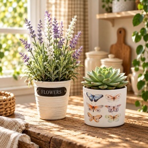 Pachet plantă artificială lavandă în ghiveci alb, 28×9 cm + ghiveci ceramic alb cu fluturi, 13,5×12,5 cm
