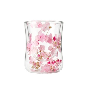 Pahar cu inserție de flori uscate, floarea miresei și hortensie, roz și alb, pereți dubli, sticlă borosilicată, 200 ml, Aurora Bloom