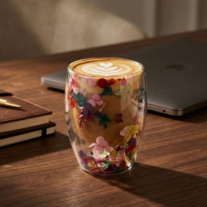 Pahar cu inserție de flori uscate multicolor, hortensie, pereți dubli, sticlă borosilicată, 300 ml, Aurora Bloom