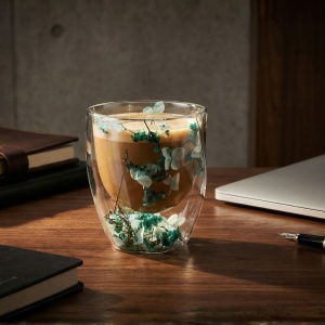Pahar cu inserție de flori uscate verzi, hortensie și limonium, pereți dubli, sticlă borosilicată, 250 ml, Aurora Bloom