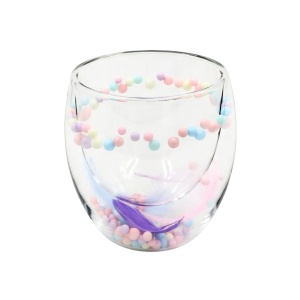 Pahar cu inserție de pene și bilute colorate pastel, roz și mov, pereți dubli, sticlă borosilicată, 250 ml, Aurora Bloom