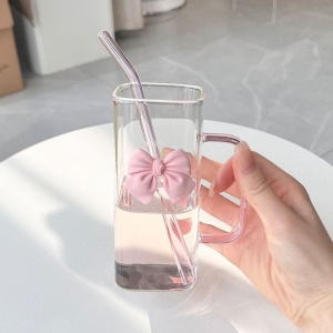 Pahar dreptunghiular, din sticlă borosilicată, cu capac etnaș, pai reutilizabil și fundiță roz, 320 ml, eCarla, SZK87