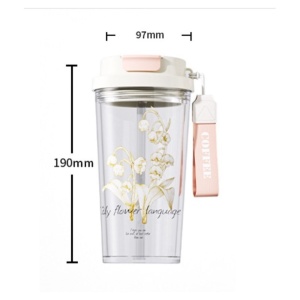 Pahar reutilizabil cu capac, pai și baretă de transport, imprimeu floral, 550 ml, PC + PP, eCarla, BD29