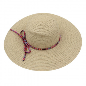 Pălărie de plajă damă Tiara bej cu șnur multicolor, din hârtie de paie, bor larg 43 cm, elegantă și ușoară