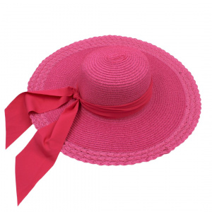 Pălărie de plajă damă Tiara, roz intens cu fundă mare, boruri foarte largi, elegantă și ușoară, protecție solară, diametru 44 cm