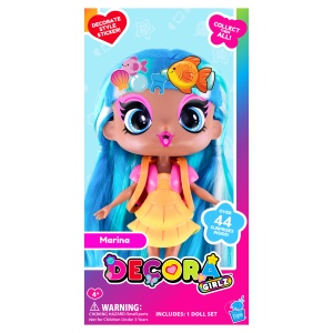 Păpușă Mini Decora Marina 13 cm cu Accesorii – Păpușă de Personalizat, Peste 40 Surprize, păr lung, colecția Decora Girlz