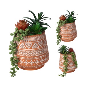 Plantă artificială mix de Suculente 15 cm, în ghiveci ceramic teracotă cu model etnic
