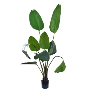 Plantă artificială Strelitzia 160 cm - Pasărea Paradisului - cu 10 frunze verzi cu detalii realiste, pentru interior, în ghiveci negru