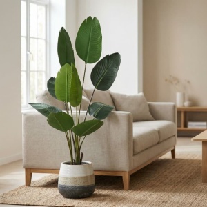 Plantă artificială Strelitzia 160 cm - Pasărea Paradisului - cu 10 frunze verzi cu detalii realiste, pentru interior, în ghiveci negru