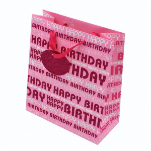 Punga hartie M Pink Bday Glitter - Img 1