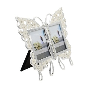 Ramă Foto Dublă AZAY Tip Fluture cu Flori și Cristale, 2 Poze 5x8 cm, 16x15 cm, Cutie Cadou Premium Inclusă
