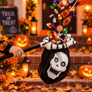 Sac de colindat, cu mâner, pentru Halloween, model mână albă și craniu, Eurowrap